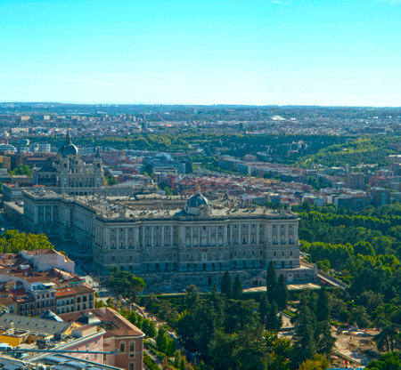 Madrid royal palace seen from above over the city skyline, seen from the roof of the Spain building.の写真素材