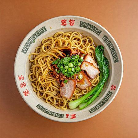 chinese noodle dish, top view. AI generated image,の素材