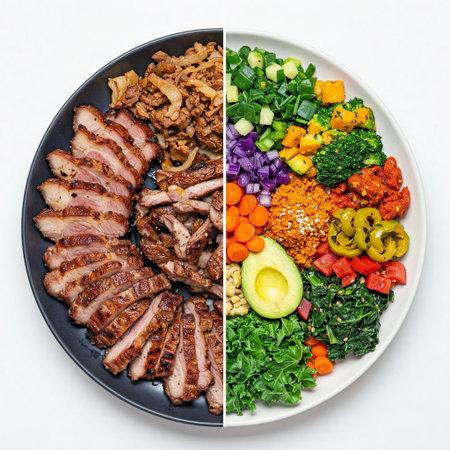 Meat dish versus vegan dish as a concept of two antagonistic eating options. AI generated image.の素材