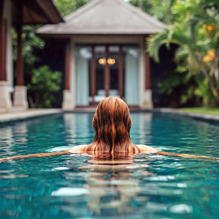 woman in a swimming pool. Zen style. AI generated imageの素材