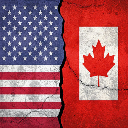 Concept of breakup between the USA and Canada, represented by their respective flags on a concrete wall. AI generated image.の素材