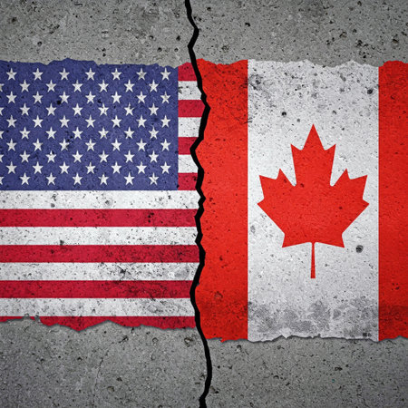 Concept of breakup between the USA and Canada, represented by their respective flags on a concrete wall. AI generated image.の素材