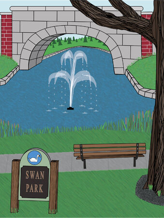 serene park with fountain, sign, bench, bridge and treeのイラスト素材
