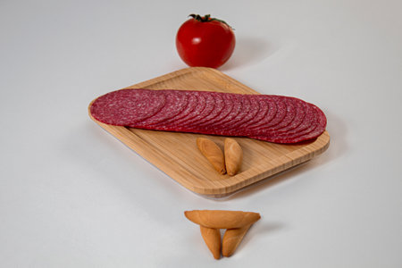 Salami with a very fresh tomato and some thick bread on a wooden board with a white backgroundの写真素材