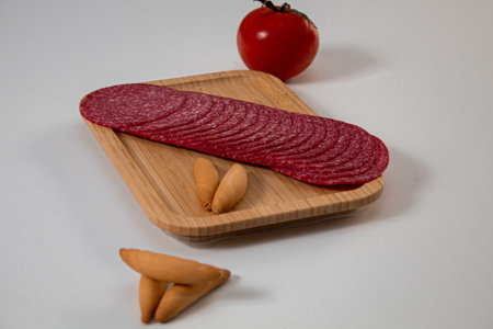 Salami with a very fresh tomato and some thick bread on a wooden board with a white backgroundの写真素材