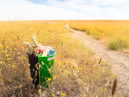 Three recycling cans one yellow the other green and the last one black full of cartoon plastic and aluminum recycling in a forest with yellow colors and one day with the blue skyの写真素材