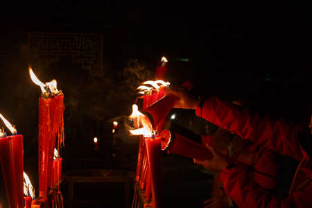 Burning Red candles, Chinese temples, burning candles,の写真素材