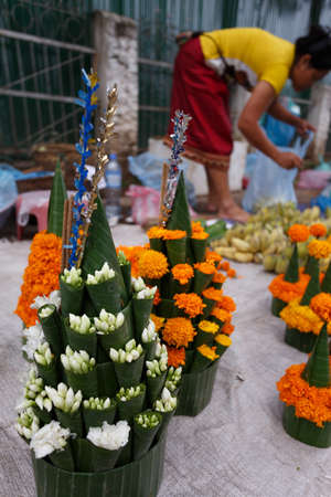 flower sold for fending temple in Luang Prabangの写真素材