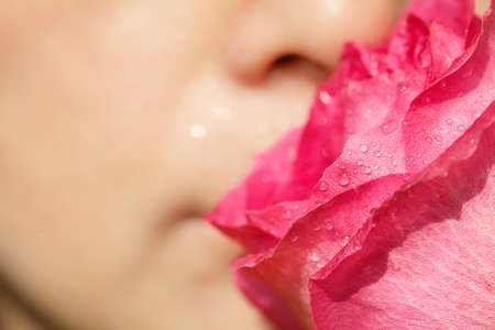 A woman's face and a roseの写真素材