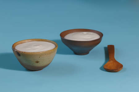 Two cups of fresh yogurtの写真素材