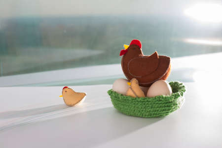 Handicraft ofe rural chicken farm scene, the hens and chickens in the sunの写真素材