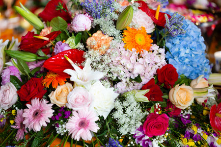 Beautiful bouquet of different flowers for sale at a flower shopの写真素材