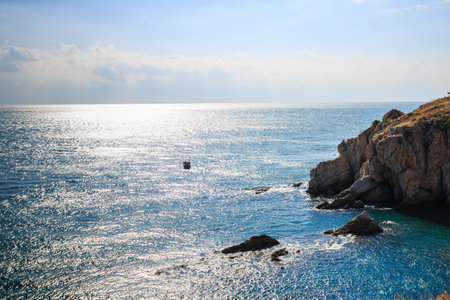 Seascape with sea and blue sky at sunset. Nature composition.の写真素材