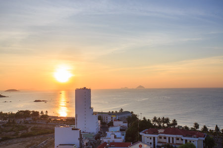 Sunset over the sea in Nha Trang city, Vietnamの写真素材
