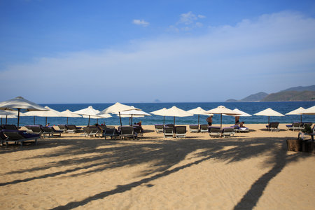 Sun loungers and umbrellas on the beach in the morningの写真素材