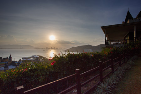 Sunset at the beach of Nha Trang city, Vietnamの写真素材