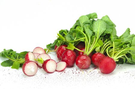 Fresh radishes on white backgroundの写真素材