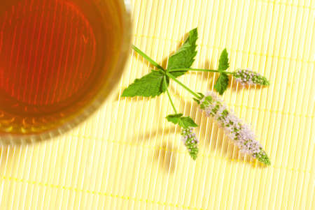 tea and fresh peppermint flowers on bamboo, top view