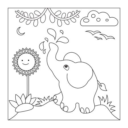 Coloring book for children: a cute elephant in the garden.のイラスト素材