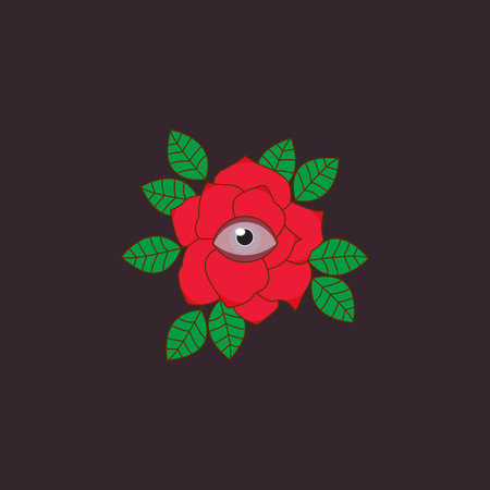 Red rose with green leaves on a dark background. Vector illustration.のイラスト素材