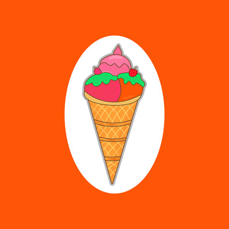 Ice cream in waffle cone on orange background. Vector illustration.のイラスト素材