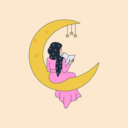 Vector illustration of a girl reading a book on the crescent moonのイラスト素材