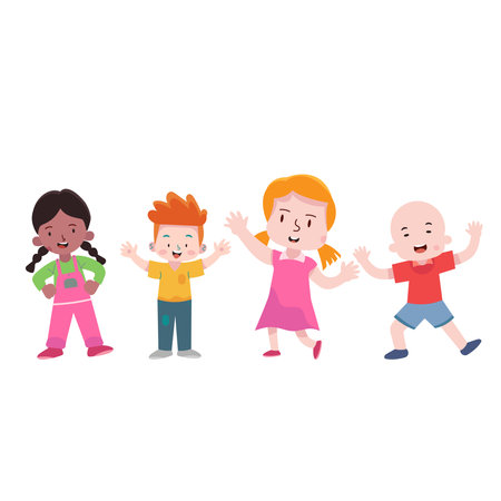 Cute little children playing and having fun together. Vector illustration.のイラスト素材