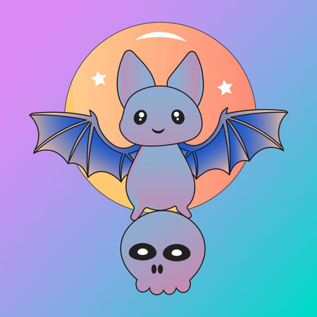 Cute cartoon bat and skull on rainbow background. Vector illustration.のイラスト素材