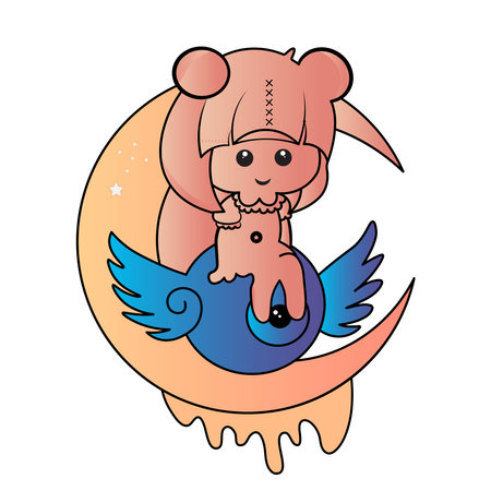 Vector illustration of a cute cartoon hippo on a background of the moon.のイラスト素材