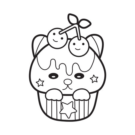 Cute black and white vector illustration of a cupcake with cherries.のイラスト素材