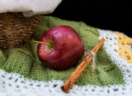 A Healthy and organic red apple and a stick cinnamon on black background with copy spaceの写真素材