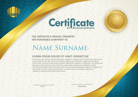 Luxury horizontal certificate template with gold lines frame and clean white on textured dark background, diploma, Vector illustrationのイラスト素材