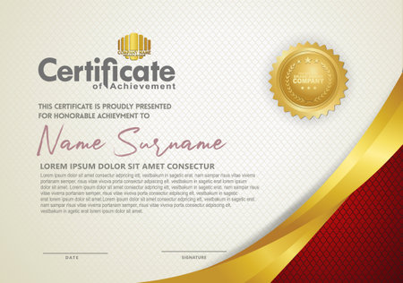 Luxury horizontal certificate template with gold lines frame and clean white on textured dark background, diploma, Vector illustrationのイラスト素材