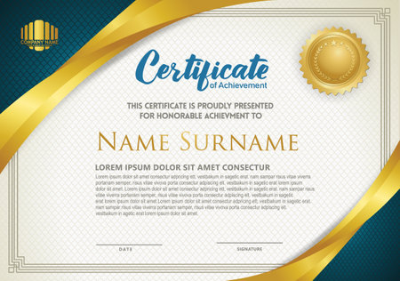 Luxury horizontal certificate template with gold lines frame and clean white on textured dark background, diploma, Vector illustrationのイラスト素材