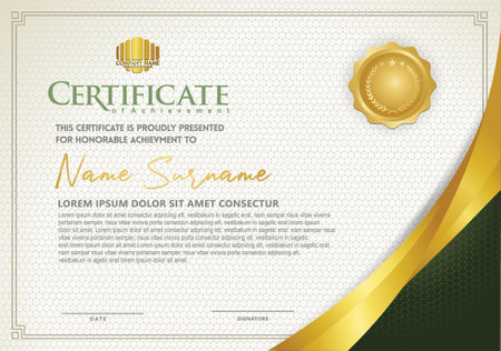 Luxury horizontal certificate template with gold lines frame and clean white on textured dark background, diploma, Vector illustrationのイラスト素材