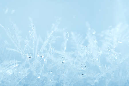 Closeup winter window pane coated shiny icy frosted patterns. Abstract beautiful ice flowers pattern, macro view background. Snowflakes on winter glass, natural texture. New year Christmas backdrop.の写真素材