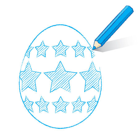 Blue Pencil with Shadow Drawing Easter Egg plus Stars on White Backgroundのイラスト素材
