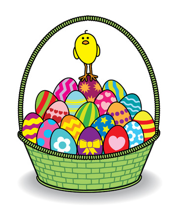 Illustration of a single Chick standing on Top of many Decorated Coloured Easter Eggs piled high in a Green Wicker Basket on a White Backgroundのイラスト素材