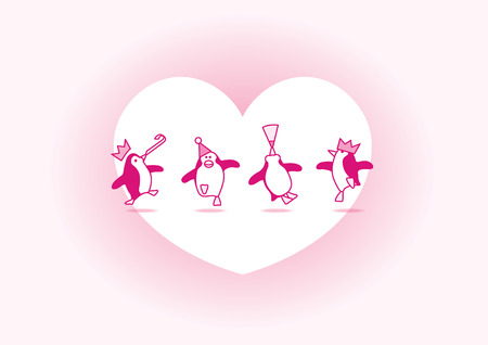 Four Happy Pink Penguins Dancing at a Party with White Heart and Soft Pink Backgroundのイラスト素材