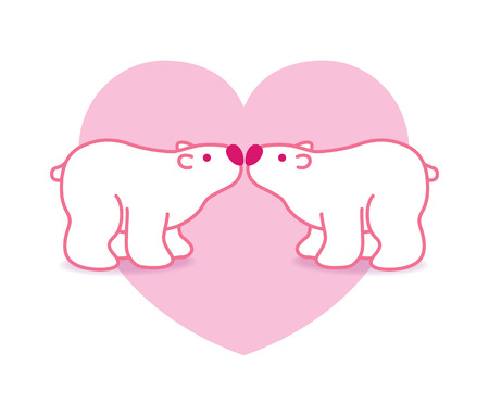 Two Pink Arctic Polar Bears with Pink Noses Kissing in Heart Graphicのイラスト素材
