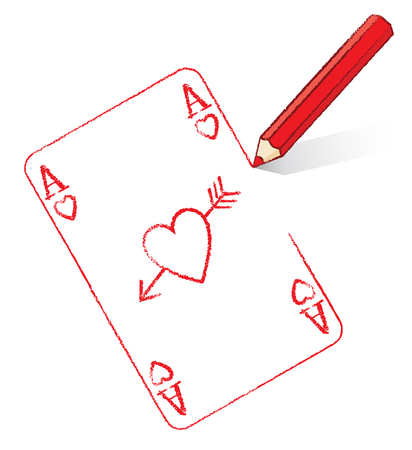 Red Pencil Drawing Ace of Hearts Playing Card with Cupid s Arrowのイラスト素材
