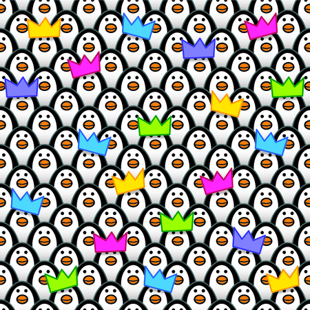 Penguins wearing Coloured Party Hats amongst Rows of identically repeating and forward Staring Penguinsのイラスト素材