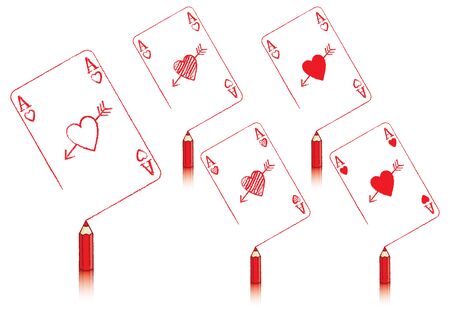 Red Pencil with Reflection Drawing various Ace of Hearts Playing Cards in a fan of aces with Cupid's Arrowのイラスト素材