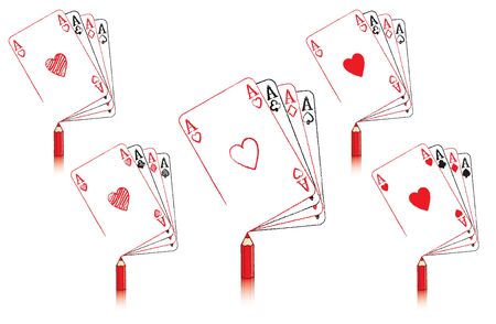Red Pencil with Reflection Drawing various Ace of Hearts Playing Card