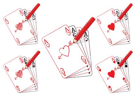 Red Pencil Drawing Various Ace of Hearts Playing Cards on a Fan of Aces with Cupid's Arrowのイラスト素材