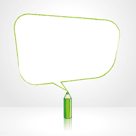 Green Pencil with Reflection Drawing Smooth Skewed Retangular Shaped Speech Bubble on Pale Backgroundのイラスト素材