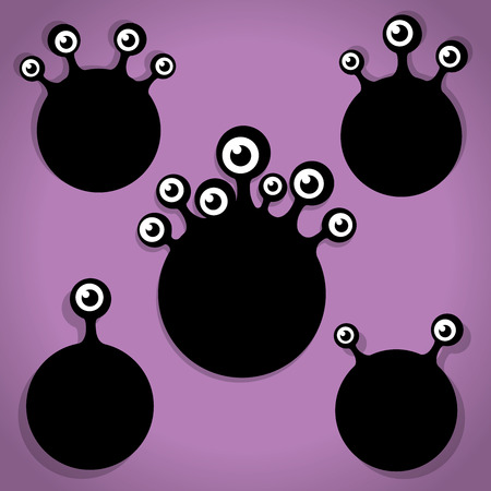 Five Scary Black Little Eyeball Halloween Icons on Purple backgroundのイラスト素材