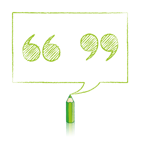 Green Pencil with Reflection Drawing Shaded Quotation Marks in Rectangular Speech Bubble on White Backgroundのイラスト素材