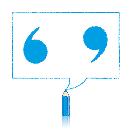Blue Pencil with Reflection Drawing Solid Quotation Marks in Rectangular Speech Bubble on White Backgroundのイラスト素材