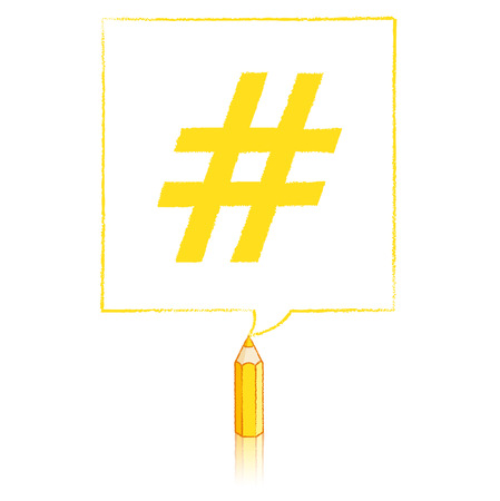 Yellow Pencil with Reflection Drawing Hashtag in Square Speech Bubble on White Backgroundのイラスト素材
